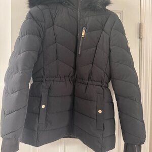 MICHAEL Michael Kors Black Quilted Coat with Black Faux Fur Hood - Large NWT!